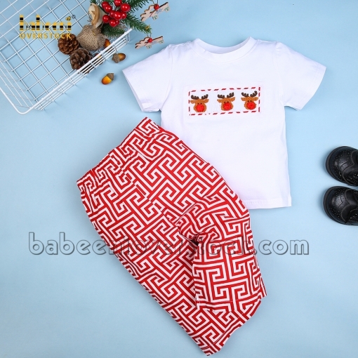 Nice reindeer smocked pants set for boys - BB742A