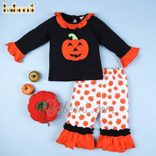 Appliqued pumpkin Halloween and pumkin printed girl set - BB812A