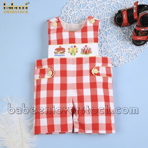Smocked amusement park red large check shortalls - BB2074