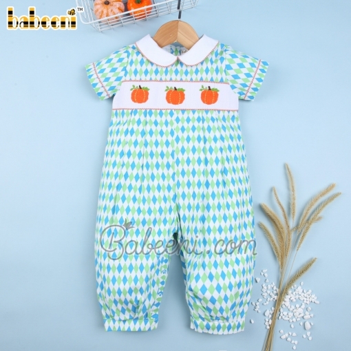 Cute pumpkin hand smocked baby boy long bubble - BB2127B