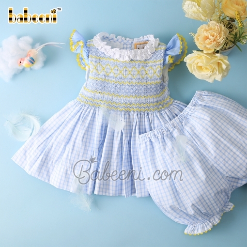 Cute geometric smocked girl set yellow and blue - BB1721