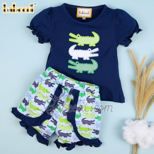 Girl set with appliqued crocodile navy top printed shorts - BB2249B