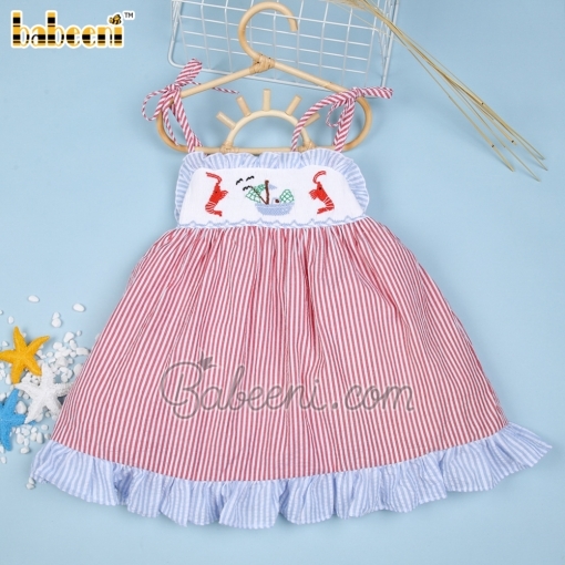 Lovely red striped girl dress with smocked shrimp and boat - BB1784A