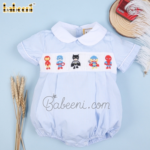 Boy bubble with smocked heroes baby blue ginham - BB2077B