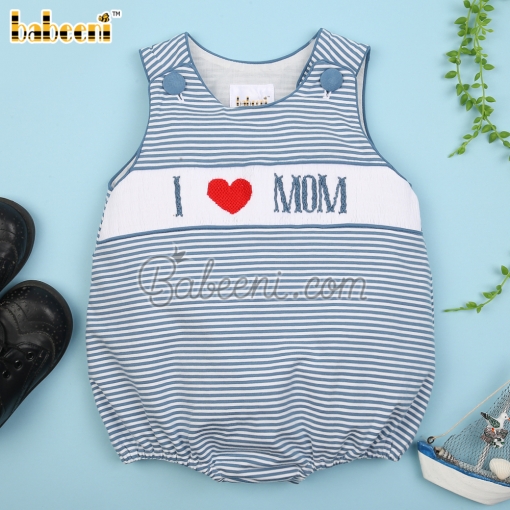 I love Mom hand smocked boy bubble – BB3399A