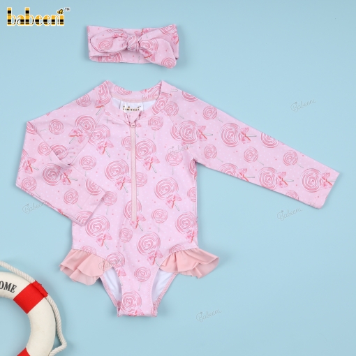 Fancy Pink Swimwear with bow tie and sweet candy pattern For Girl - BB3432A
