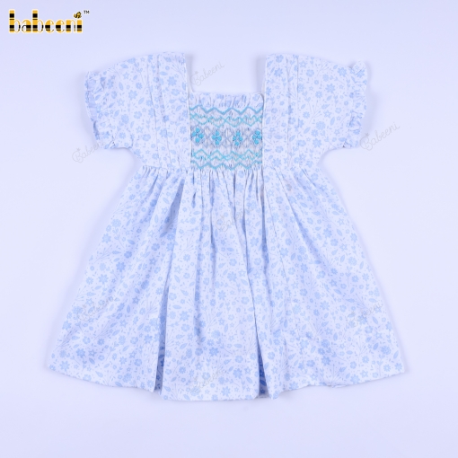Geometric Smocked Dress Blue Flower On White For Girl - BB3286A