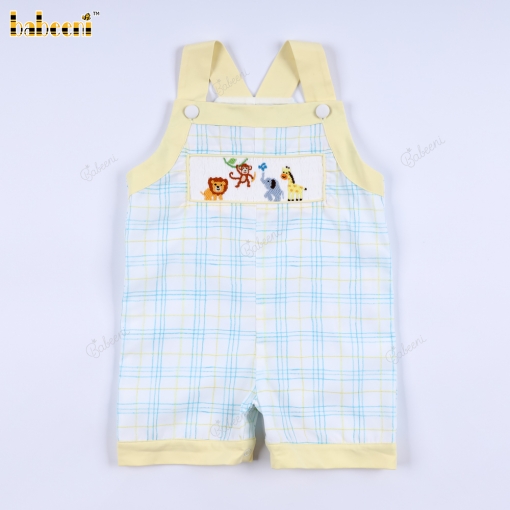 Animal hand smocked boy plaid shortall – BB3071