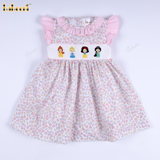 A plain light pink dress with a smocked girl embroidery, for a baby girl. - BB3555