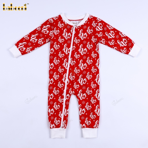 A red Christmas-themed jumpsuit with hohoho print.– BB3570