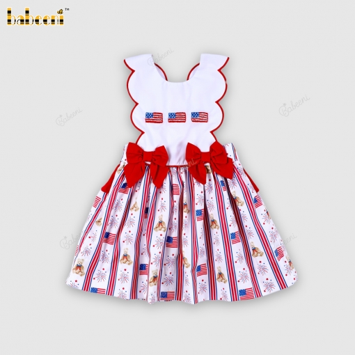 Patriotic Teddy & Flag Bow Dress for Girls- BB3596