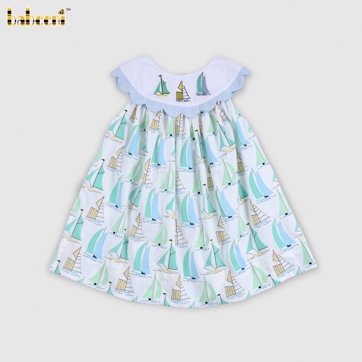 Baby Dress with Embroidered Sailboat Pattern- BB3569
