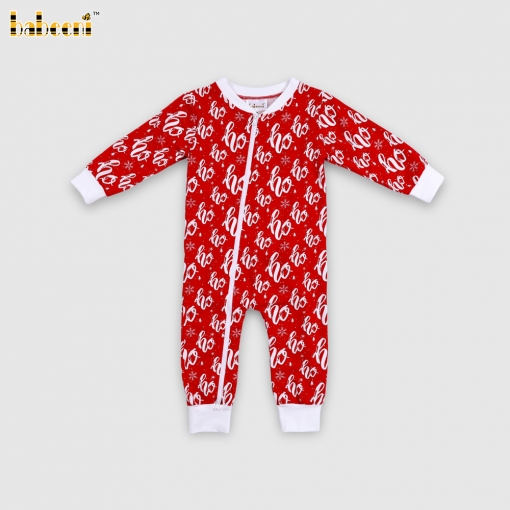 A red Christmas-themed jumpsuit with hohoho print.– BB3570