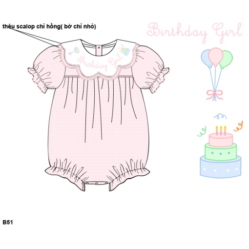Birthday Girl Pink Gingham Scallop Collar Bubble Romper (Pre-Order)- BB3614
