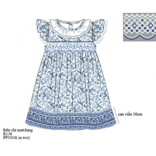 Blue Floral Smocked Ruffle-Sleeve Baby Dress (Pre-Order)- BB3625