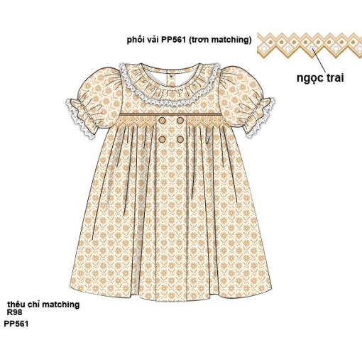 Golden Vintage Floral Puff-Sleeve Baby Dress (Pre-Order)- BB3621